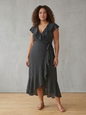 Max Studio Black Polka Dot Ruffle Maxi Wrap Dress Plus Size 2X Boho High Low